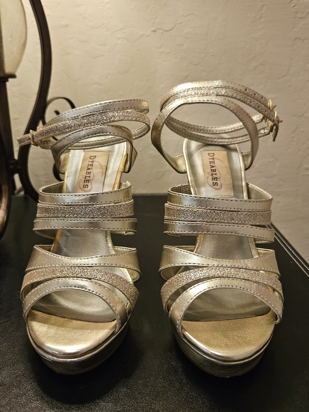 DYEABLES Metallic Gold Strappy Platform Heels for Women, Size 5.5 (Item #91)